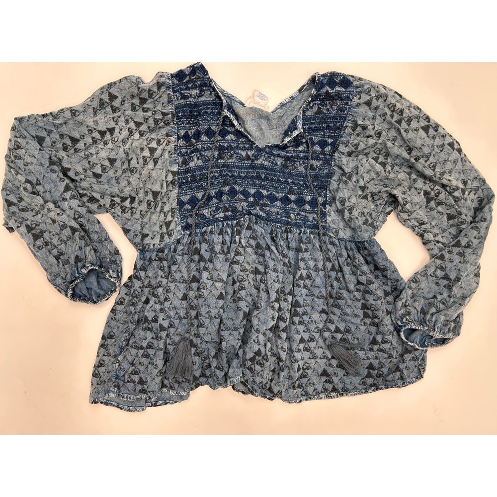 Sigrid Olsen Blue Geometric Smocked Peplum Blouse Tassel Boho Rayon Top Folk - Picture 2 of 6
